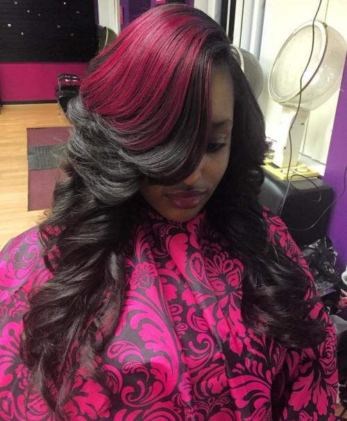 Dlouho Layered Black Sew In With Pink Balayage