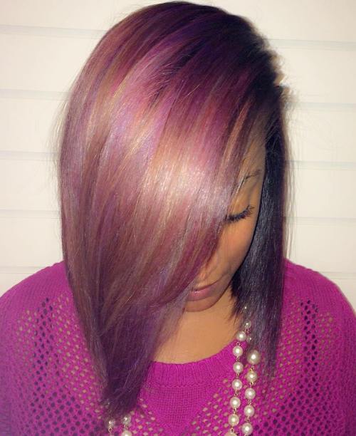 Sew-In Bob With Caramel And Purple Highlights