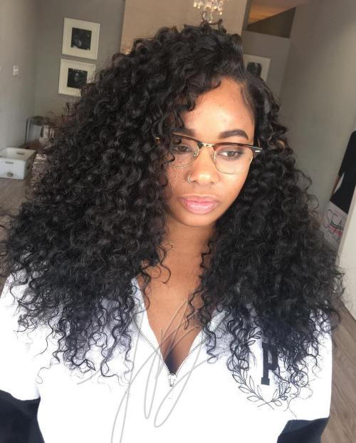 дълго Curly Side-Part Sew In