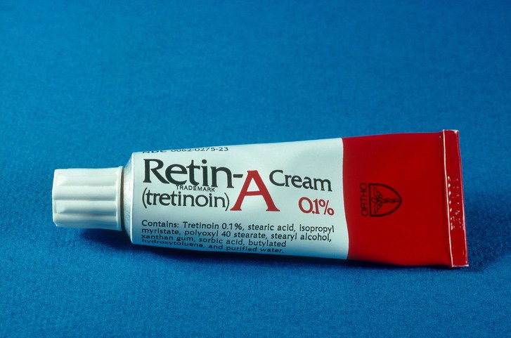 А close-up image of a tube of prescription acne medication Retin-A