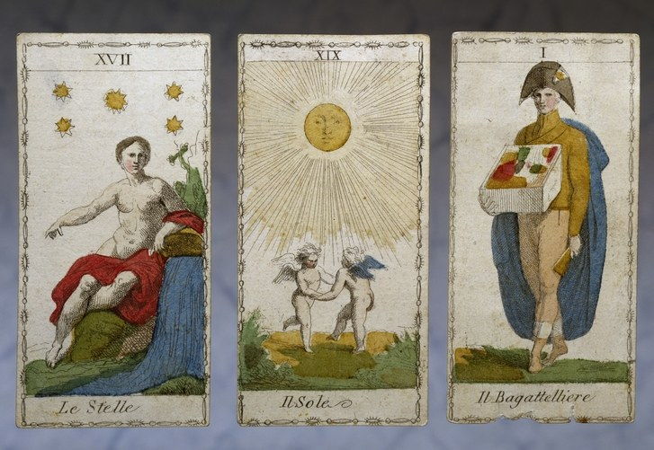 Неокласическата, hand-painted tarot cards: Le Stelle, Il Sole, and Il Bagattelliere etchings (Italy, 19th century)